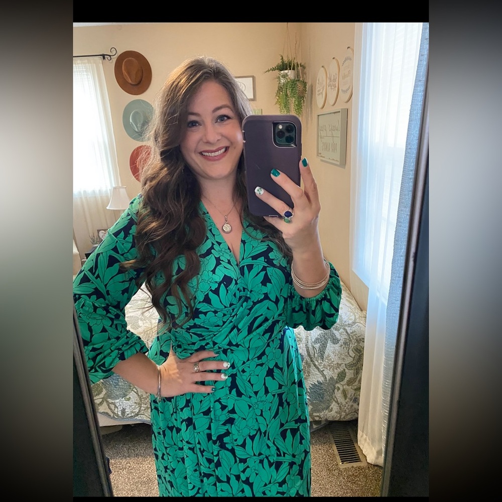 London Times Teal/Greenish and Navy Floral Dress - Picture 8 of 8
